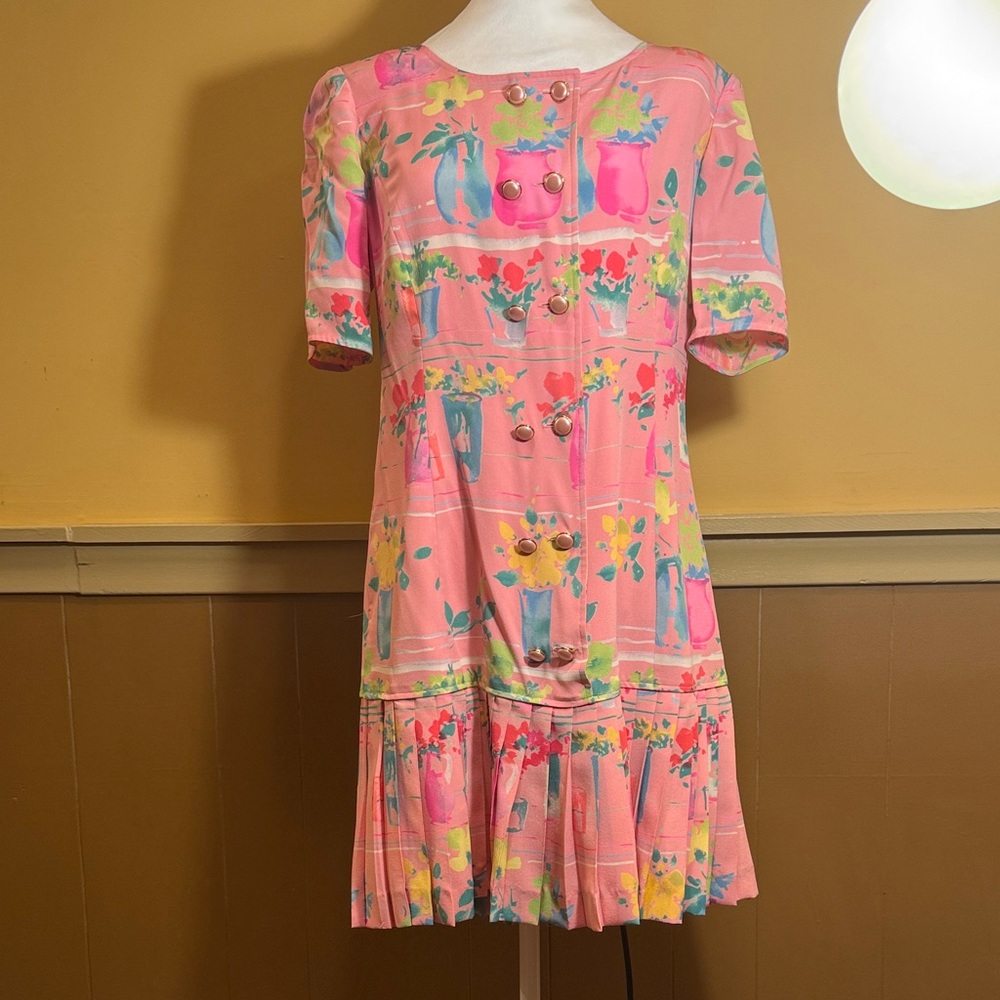 VTG 80s Emanuel Ungaro Silk Jacquard Dress Pink Floral Drop Waist Italy 
19x34”